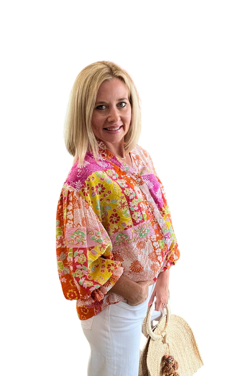 Floral Patchwork Balloon 3/4 Sleeve Top