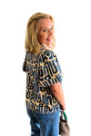 Navy Pattern Bubble Sleeve Top