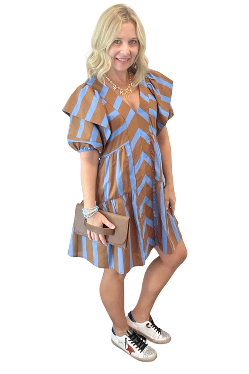 Mixed Line Print V-Neck Mini Dress