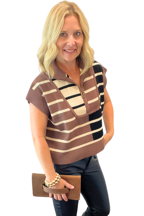 Ribbed 1/2 Zip Colorblock Top