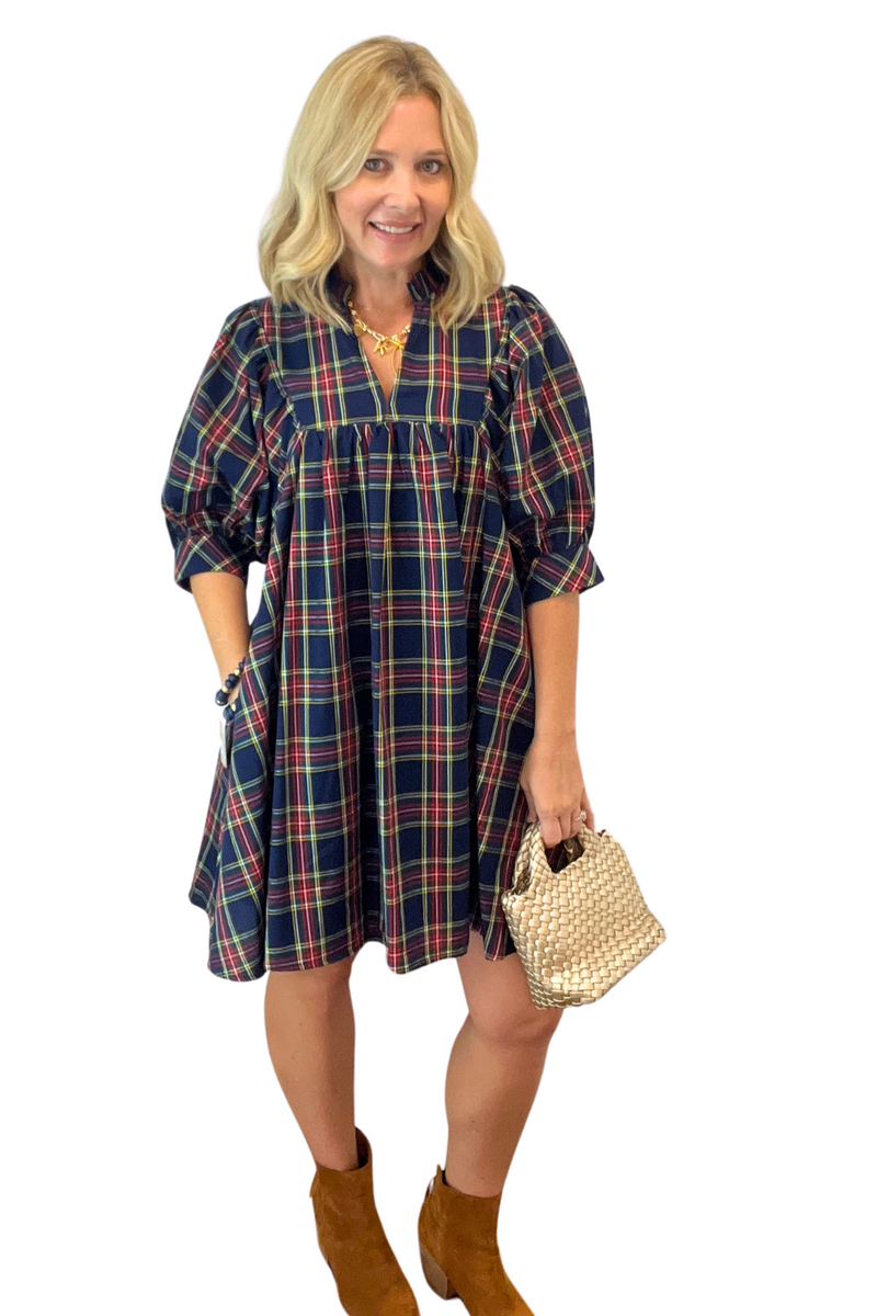 Plaid V-Neck Puff Sleeve Mini Dress