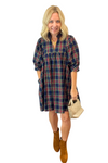 Plaid V-Neck Puff Sleeve Mini Dress