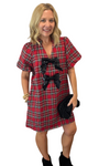 Red Plaid Sequin Bow Mini Dress