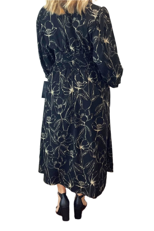 Black Floral Midi Dress with Zipper Front