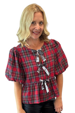 Plaid Peplum Top with Bow Detail