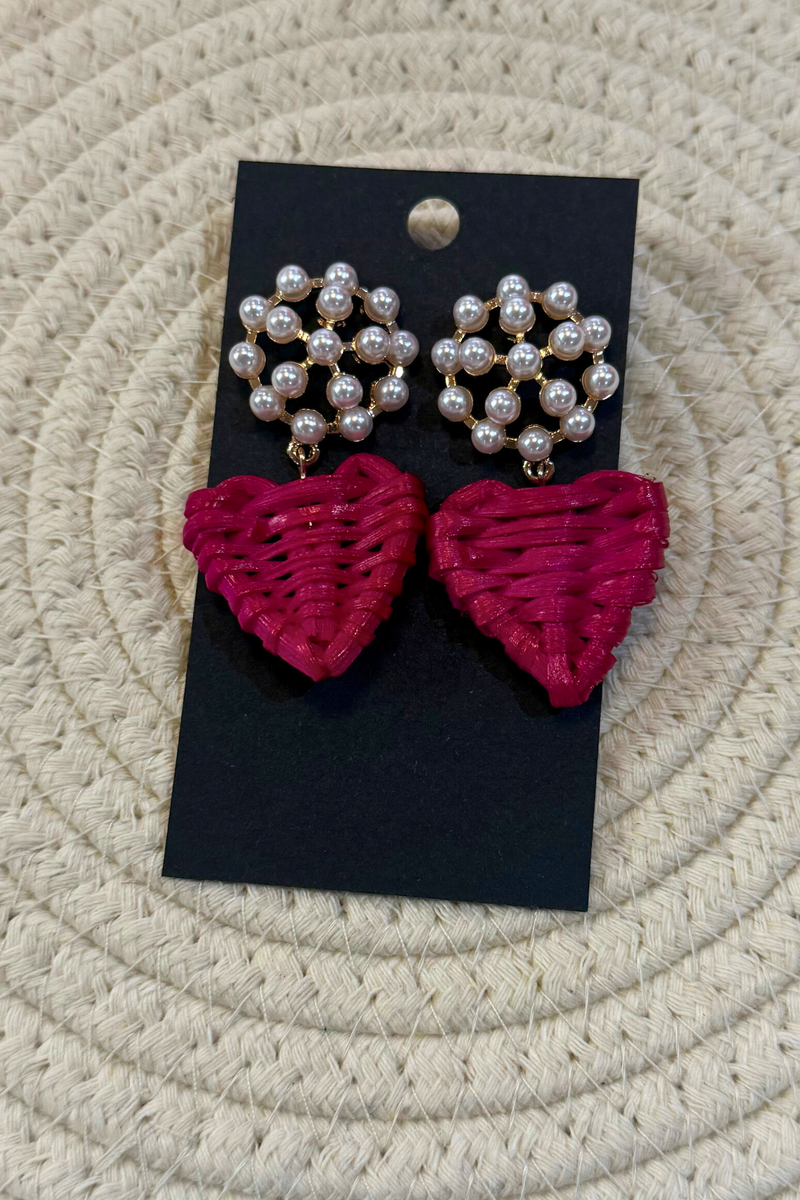 Rattan Heart and Pearl Earrings