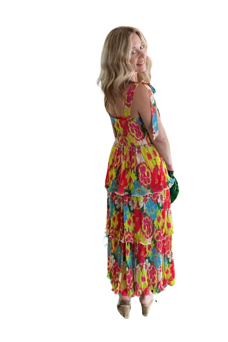Floral Shoulder Tie Midi Dress with Layered Skirt