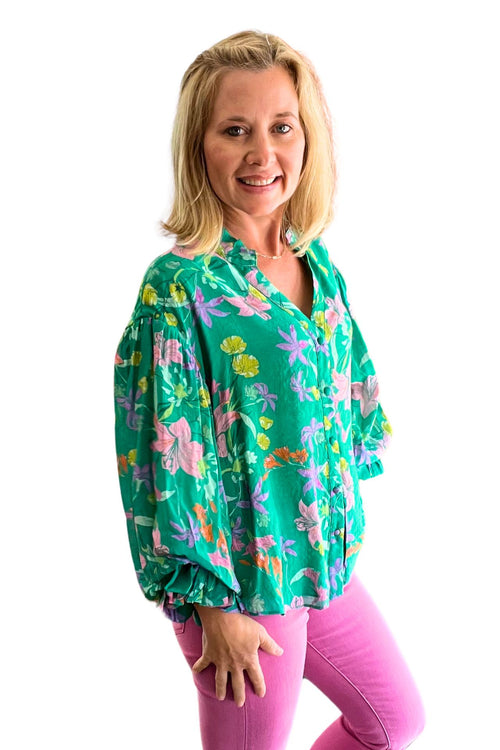 Green 3/4 Bubble Sleeve Top with Floral Print