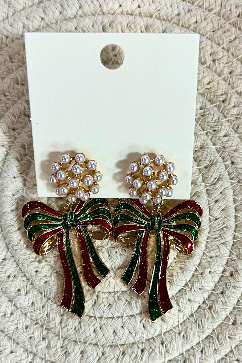 Christmas Bow Earrings with Pearl Detail