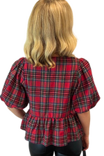 Plaid Peplum Top with Bow Detail