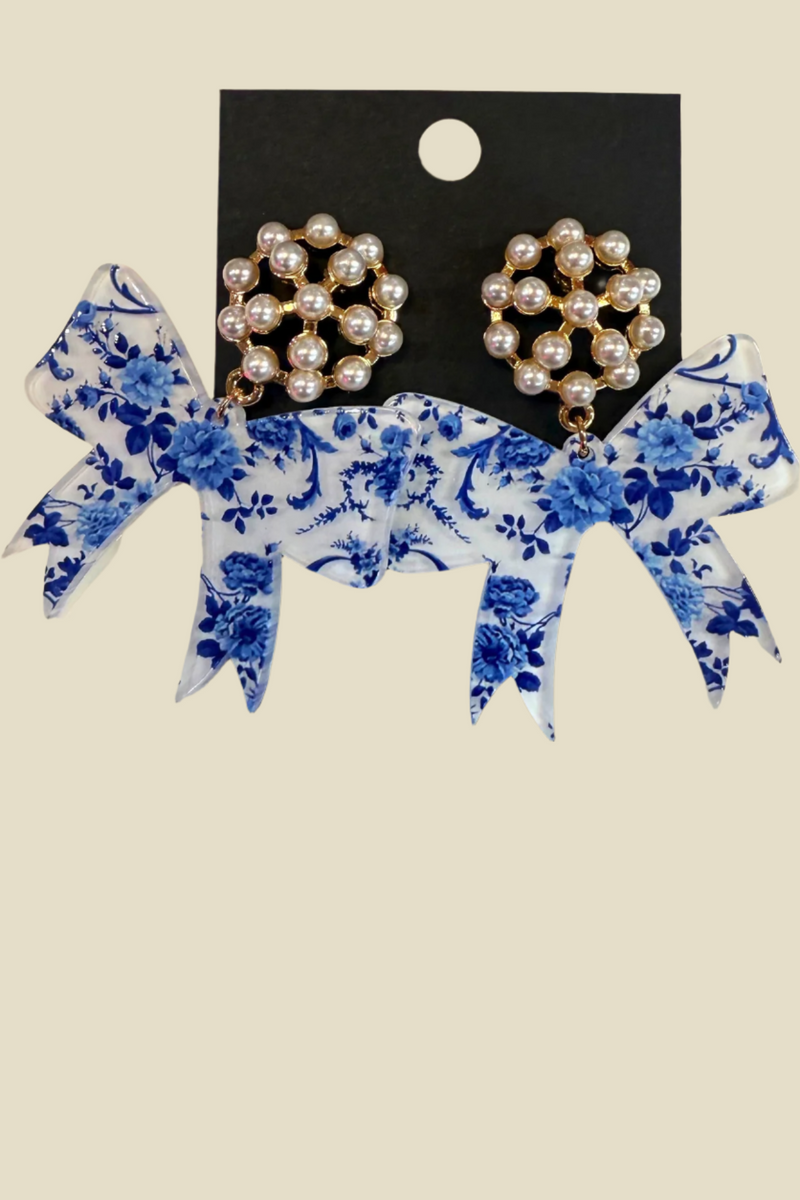 Blue and White Ribbon Earrings with Pearl Detail