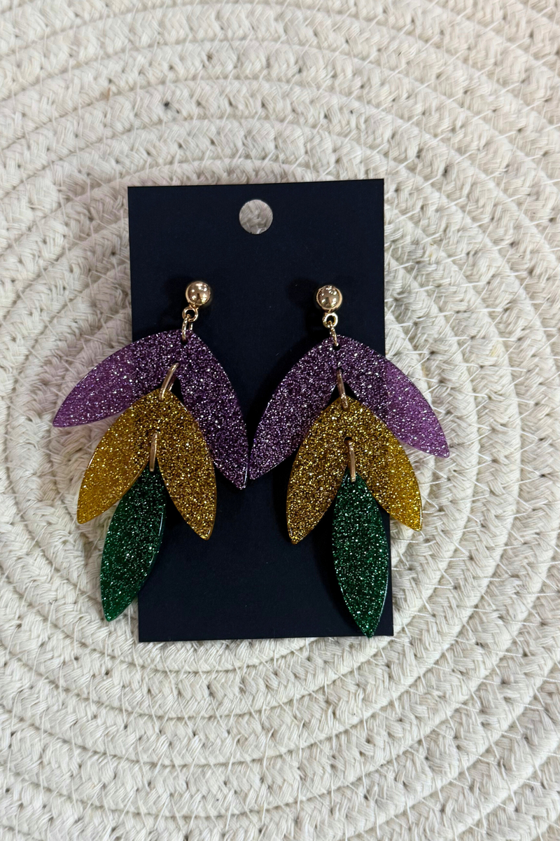 Mardi Gras Glitter Leaf Earrings