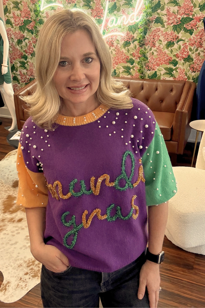 Mardi Gras Color Block Short Sleeve Sweater