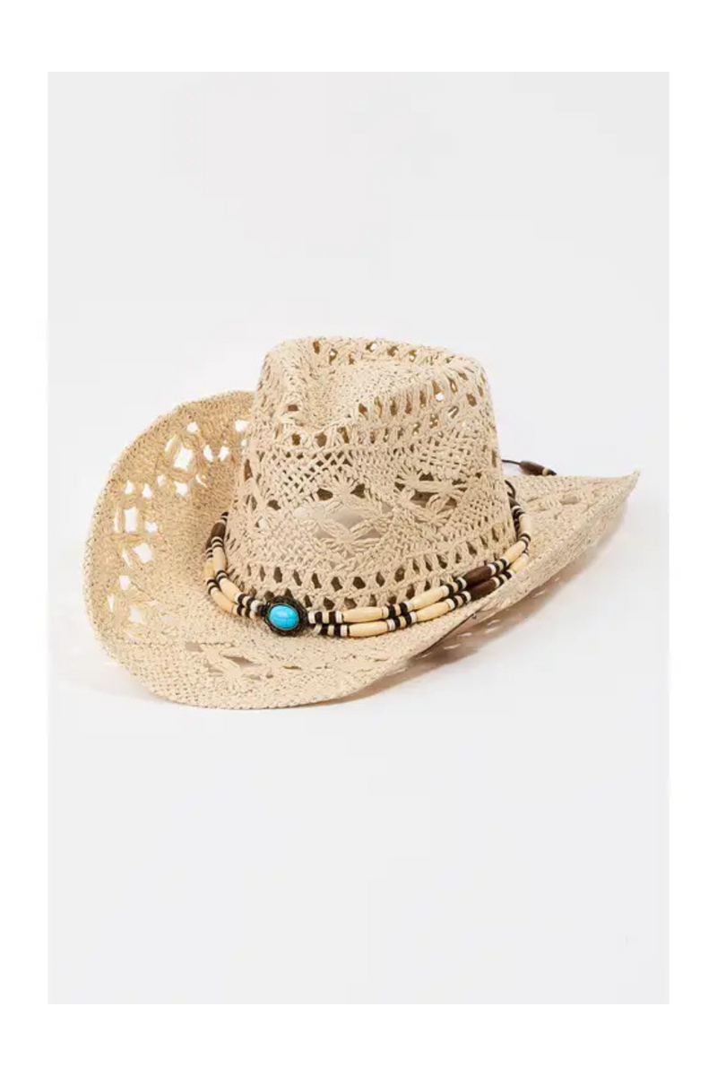 Straw Braided Beaded Strap Cowboy Hat