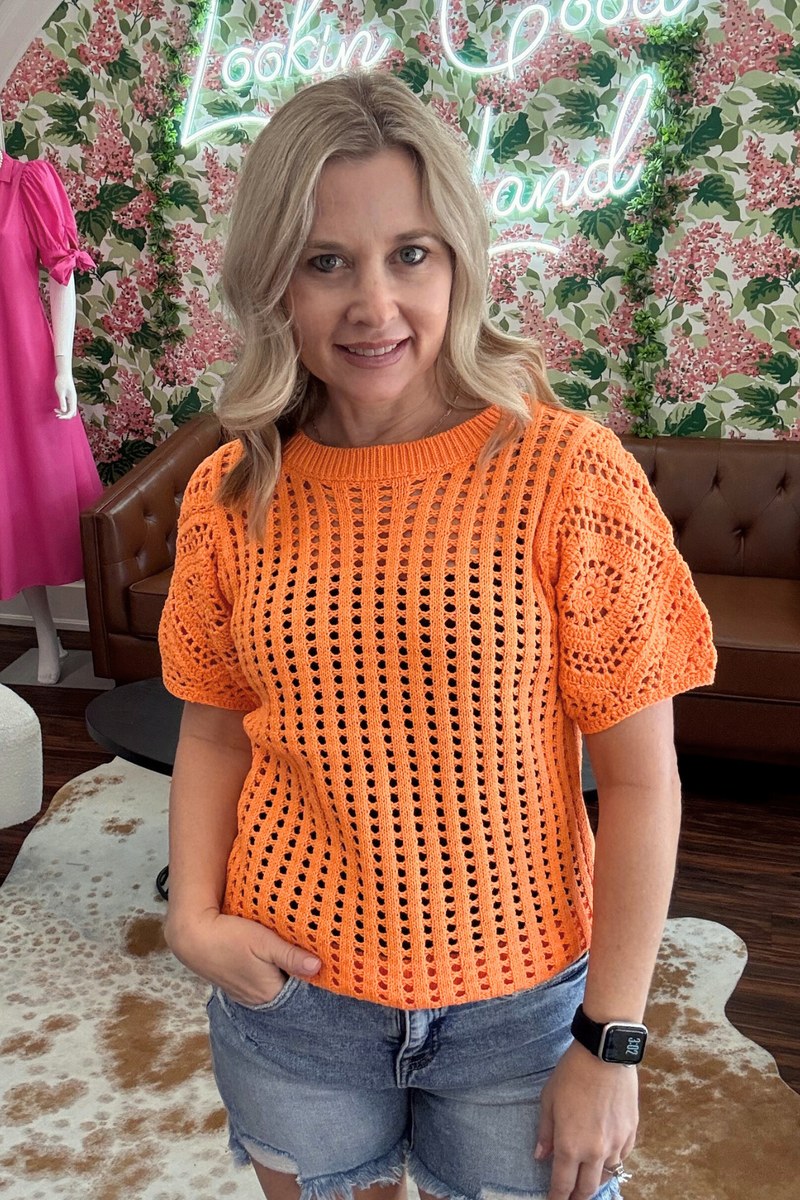 Crochet Orange Short Sleeve Top