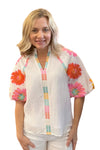 Embroidered Flower Puff Sleeve Top