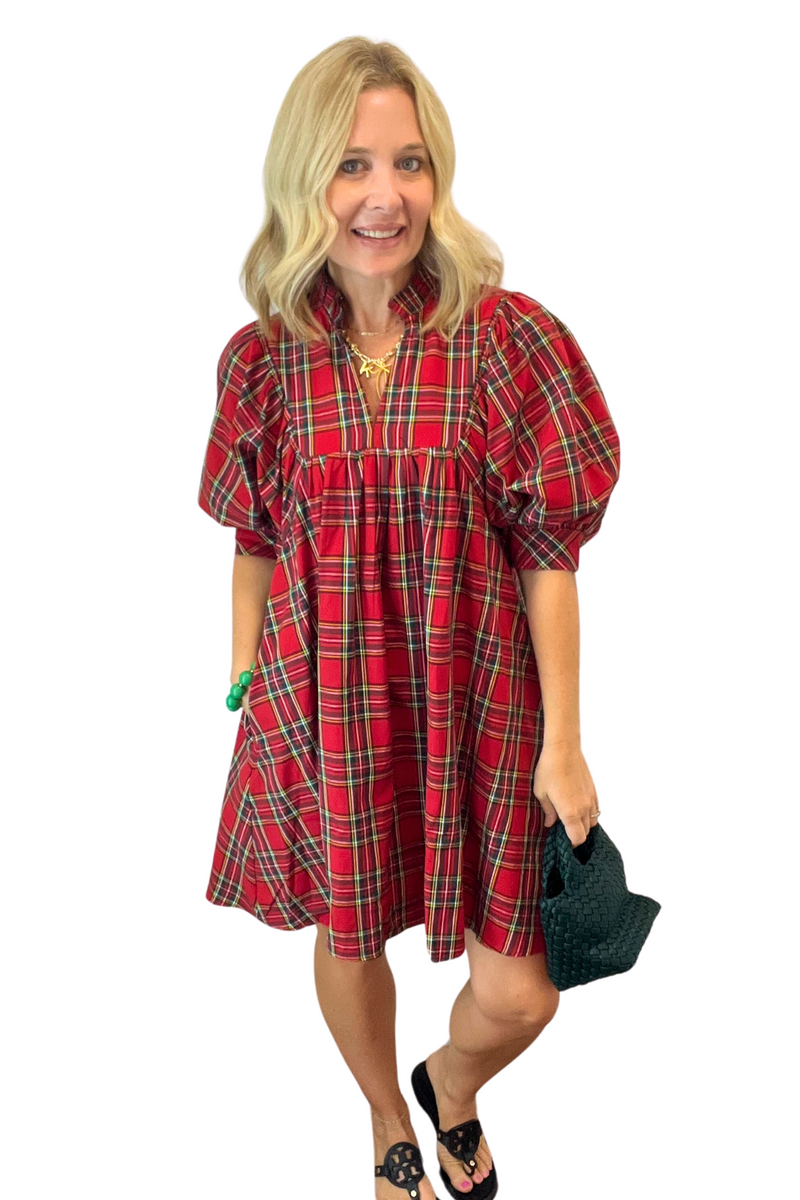 Plaid V-Neck Puff Sleeve Mini Dress